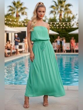 Elan Teal Strapless Pleated Maxi Dress